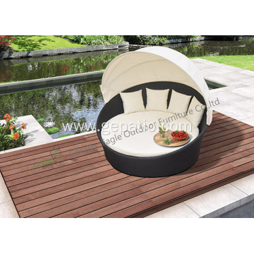 Outdoor Garden Wicker Bed Round Sunbed with Canopy